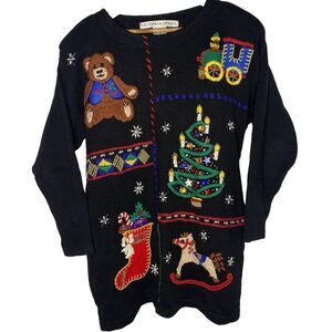 Victoria Jones Tunic Sweater Womens M Pullover Christmas Appliqué Beaded Black